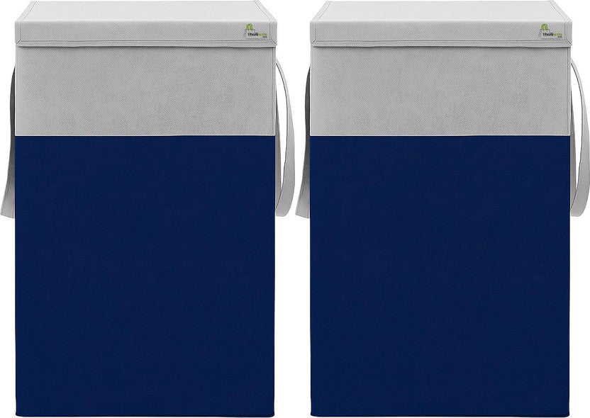 Grey and blue foldable non-woven laundry basket 75L with lid and handles