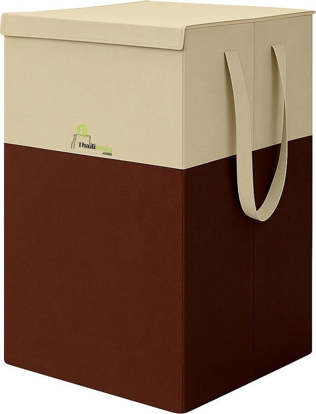 Brown foldable non-woven laundry basket 75L with lid and handles