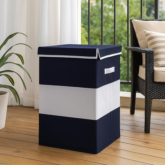 THAILIWALE Foldable Non-Woven Laundry Basket with Lid & Handles – Grey & Blue Center (75L Storage Basket)