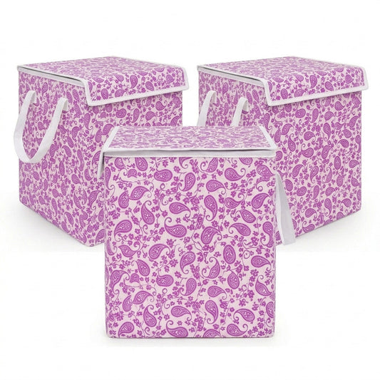 Pink feather printed foldable storage cube with lid 45L