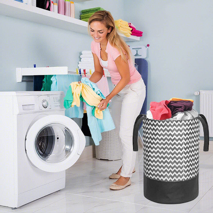 Round zigzag laundry basket in a home laundry room