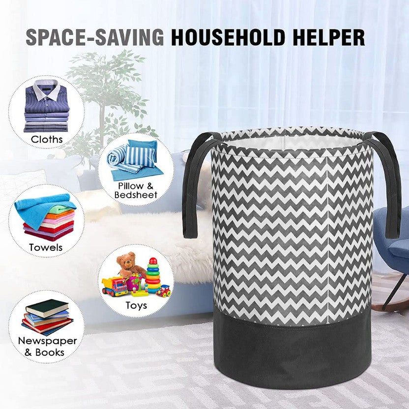 Round laundry basket holds clothes, towels, toys and more