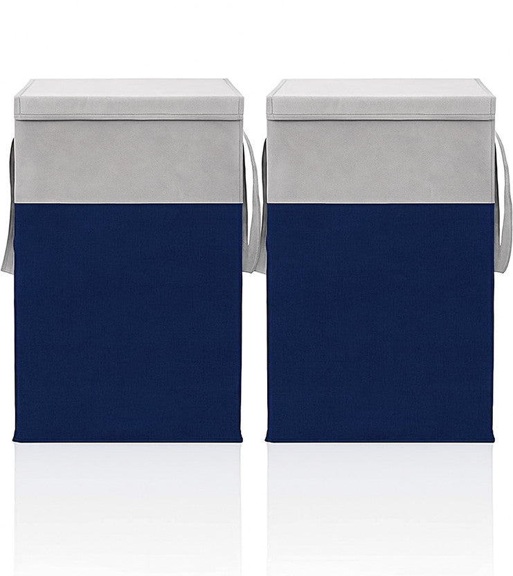 Blue foldable non-woven laundry basket 75L with lid and handles