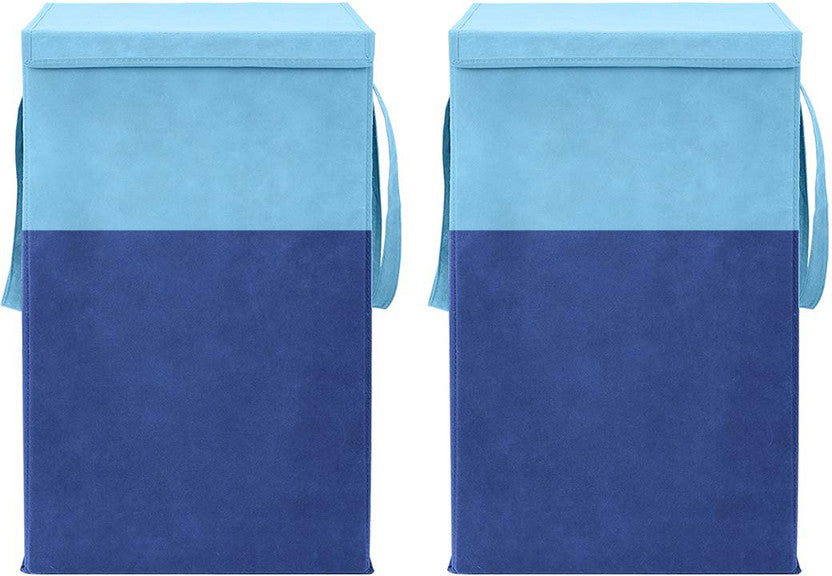 Light blue and dark blue foldable non-woven laundry basket 75L with lid