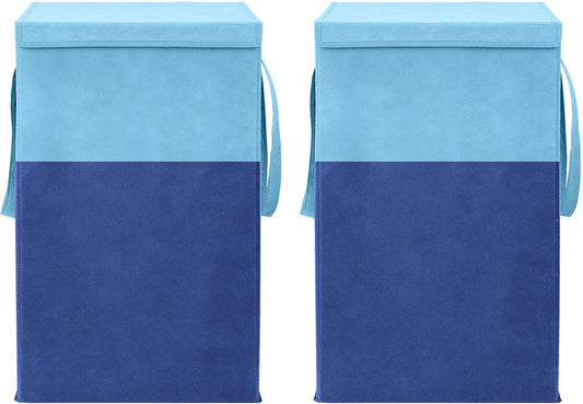 Light blue and dark blue foldable non-woven laundry basket 75L with lid