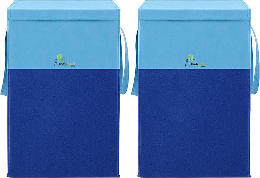 Light blue foldable non-woven laundry basket 75L with lid and handles