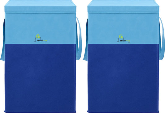 Light blue foldable non-woven laundry basket 75L with lid and handles
