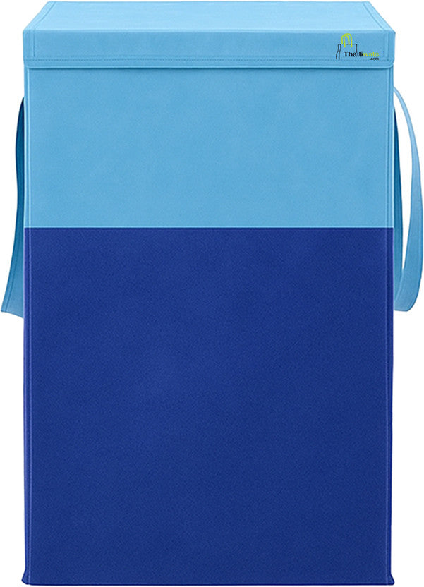 Blue foldable non-woven laundry basket 75L with lid and handles