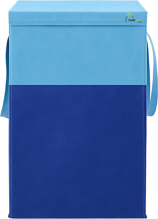 Blue foldable non-woven laundry basket 75L with lid and handles