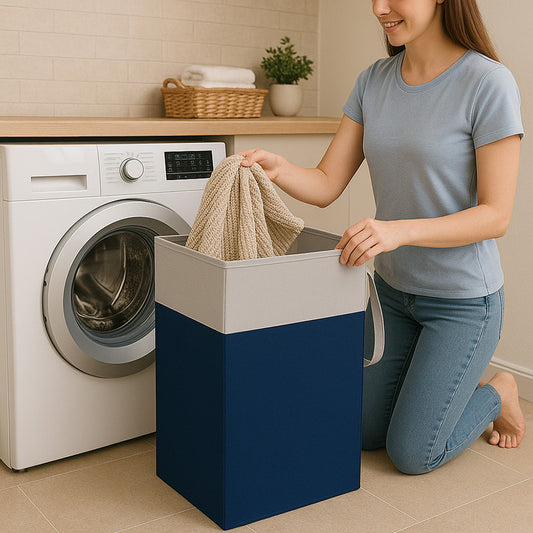 Grey and blue foldable non-woven laundry basket 75L with lid and handles