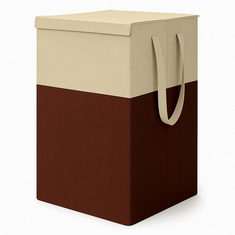 THAILIWALE Foldable Non-Woven Laundry Basket with Lid & Handles – Beige & Brown (75L Storage Basket)