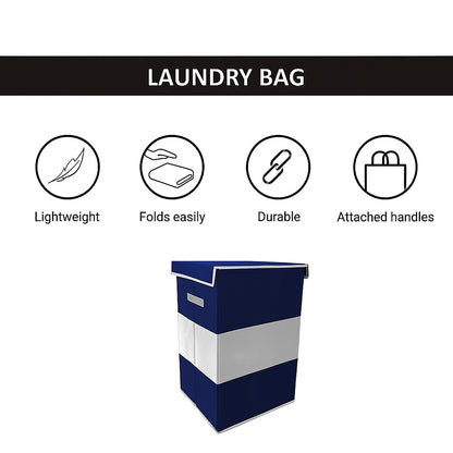 THAILIWALE Foldable Non-Woven Laundry Basket with Lid & Handles – Grey & Blue Center (75L Storage Basket)