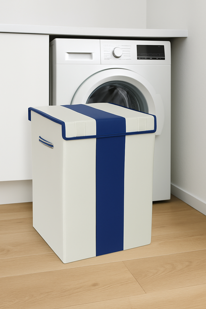 THAILIWALE Foldable Non-Woven Laundry Basket with Lid & Handles – Grey & Blue Patta (75L Storage Basket)