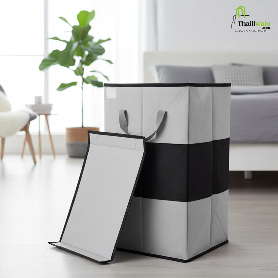 THAILIWALE Foldable Non-Woven Laundry Basket with Lid & Handles – Grey & Black Center (75L Storage Basket)