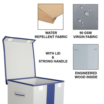 THAILIWALE Foldable Non-Woven Laundry Basket with Lid & Handles – Grey & Blue Patta (75L Storage Basket)