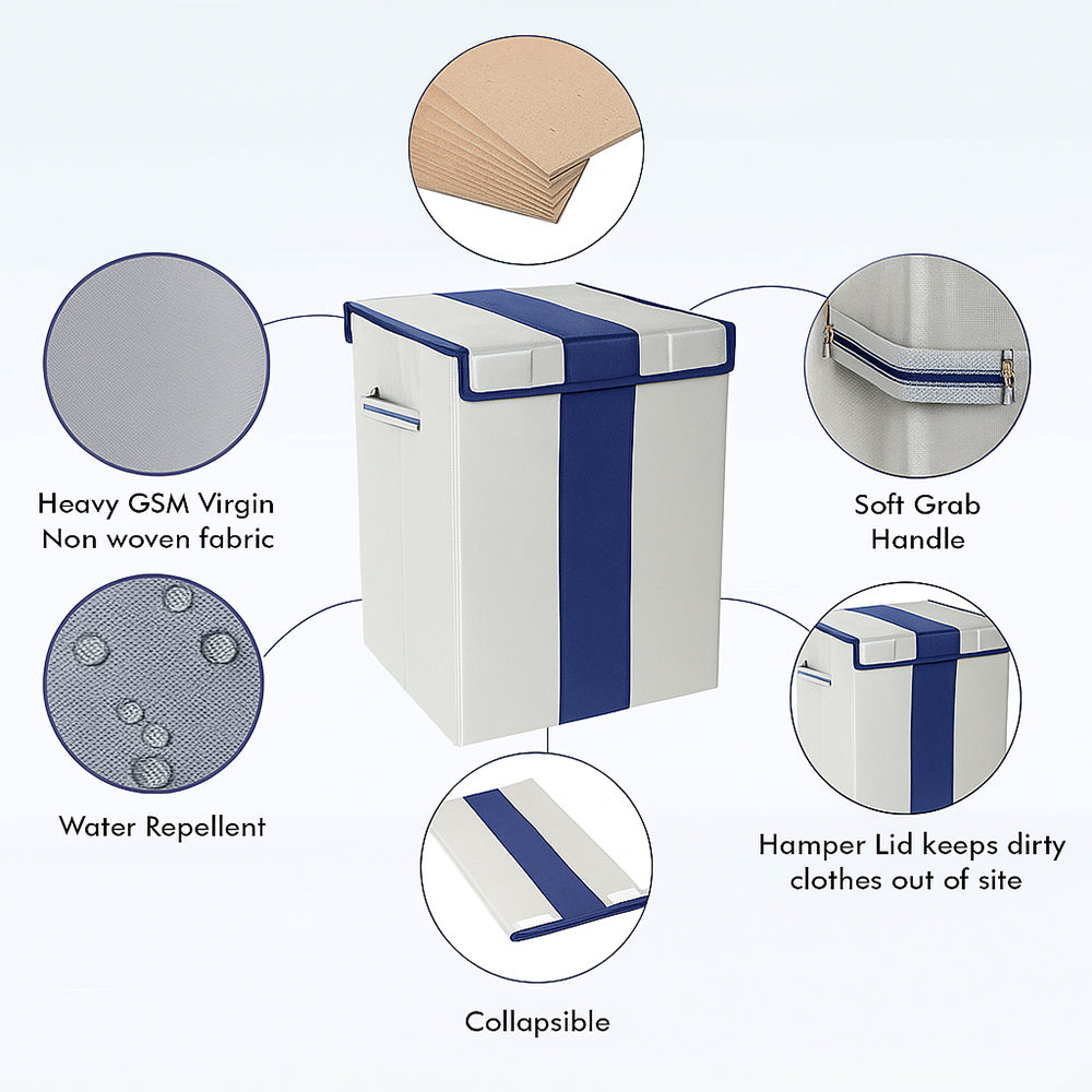 THAILIWALE Foldable Non-Woven Laundry Basket with Lid & Handles – Grey & Blue Patta (75L Storage Basket)