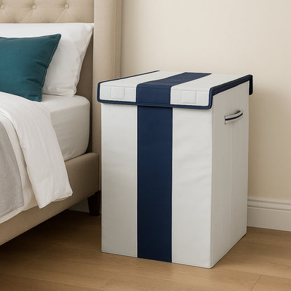 THAILIWALE Foldable Non-Woven Laundry Basket with Lid & Handles – Grey & Blue Patta (75L Storage Basket)