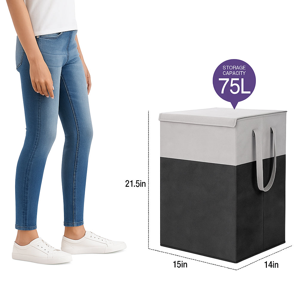 THAILIWALE Foldable Non-Woven Laundry Basket with Lid & Handles – Grey & Black (75L Storage Basket)