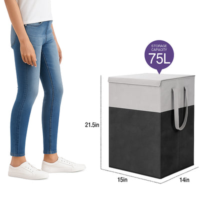 THAILIWALE Foldable Non-Woven Laundry Basket with Lid & Handles – Grey & Black (75L Storage Basket)