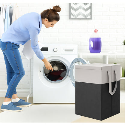 THAILIWALE Foldable Non-Woven Laundry Basket with Lid & Handles – Grey & Black (75L Storage Basket)