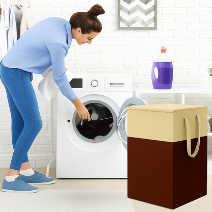 THAILIWALE Foldable Non-Woven Laundry Basket with Lid & Handles – Beige & Brown (75L Storage Basket)