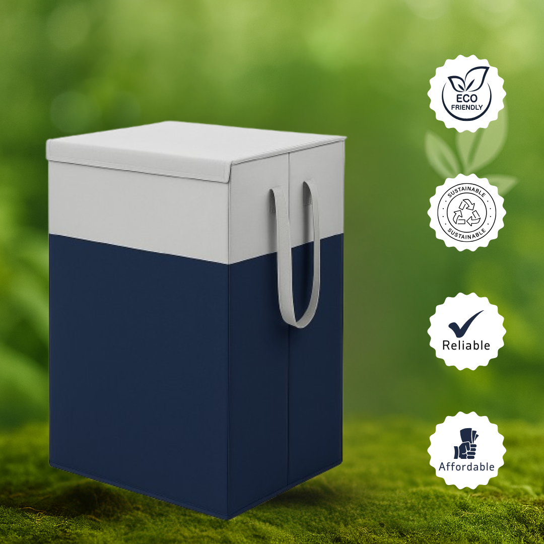 THAILIWALE Foldable Non-Woven Laundry Basket with Lid & Handles – Grey & Blue (75L Storage Basket)