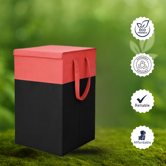 THAILIWALE Foldable Non-Woven Laundry Basket with Lid & Handles – Red & Black (75L Storage Basket)