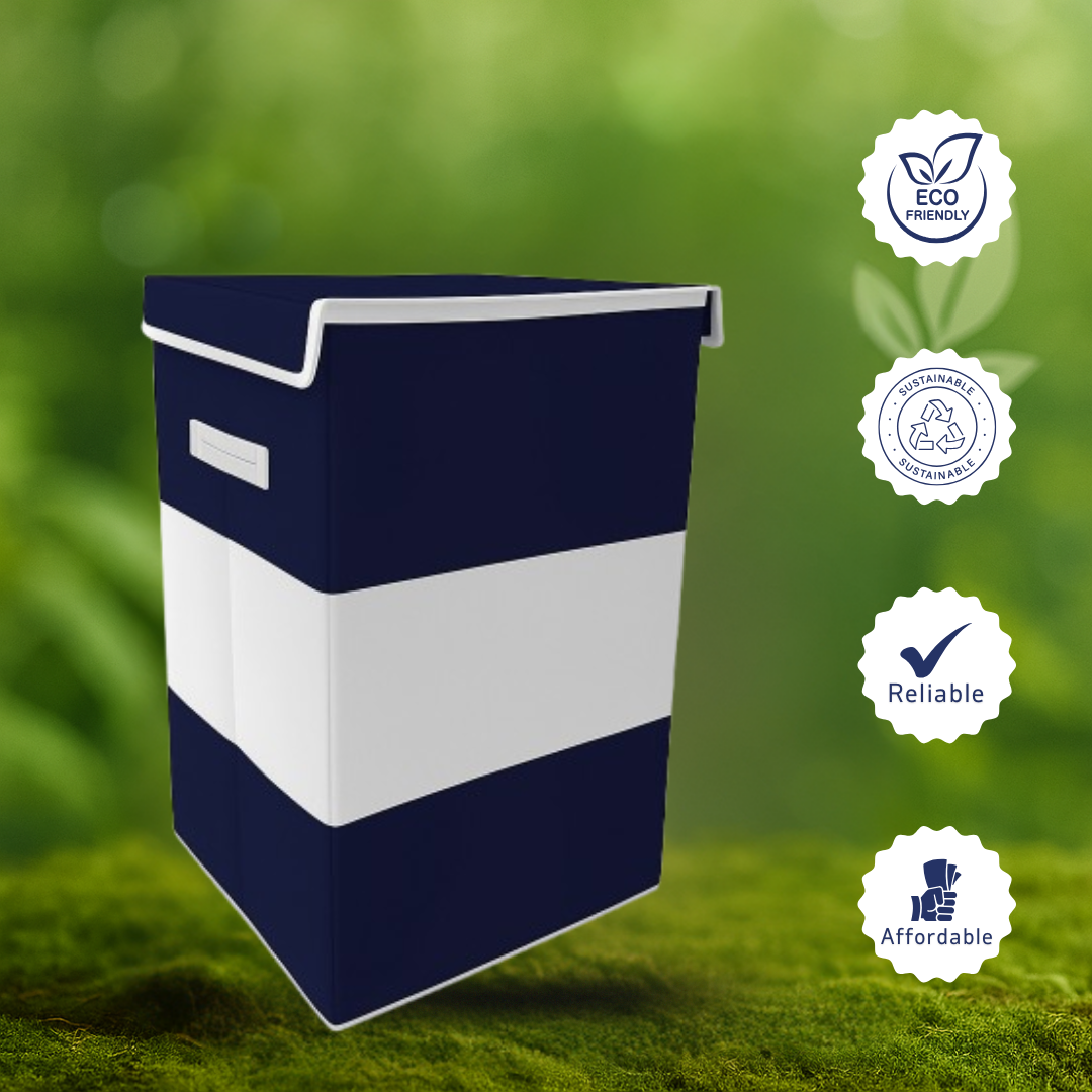 THAILIWALE Foldable Non-Woven Laundry Basket with Lid & Handles – Grey & Blue Center (75L Storage Basket)