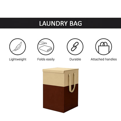 THAILIWALE Foldable Non-Woven Laundry Basket with Lid & Handles – Beige & Brown (75L Storage Basket)