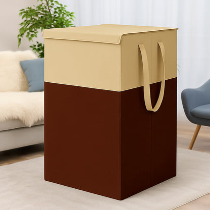THAILIWALE Foldable Non-Woven Laundry Basket with Lid & Handles – Beige & Brown (75L Storage Basket)