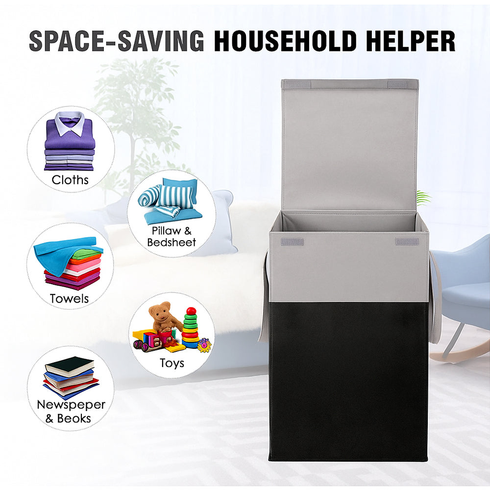 THAILIWALE Foldable Non-Woven Laundry Basket with Lid & Handles – Grey & Black (75L Storage Basket)