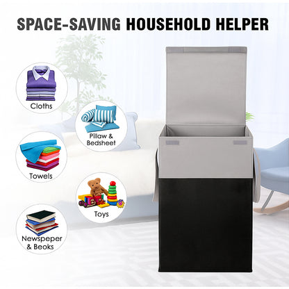 THAILIWALE Foldable Non-Woven Laundry Basket with Lid & Handles – Grey & Black (75L Storage Basket)