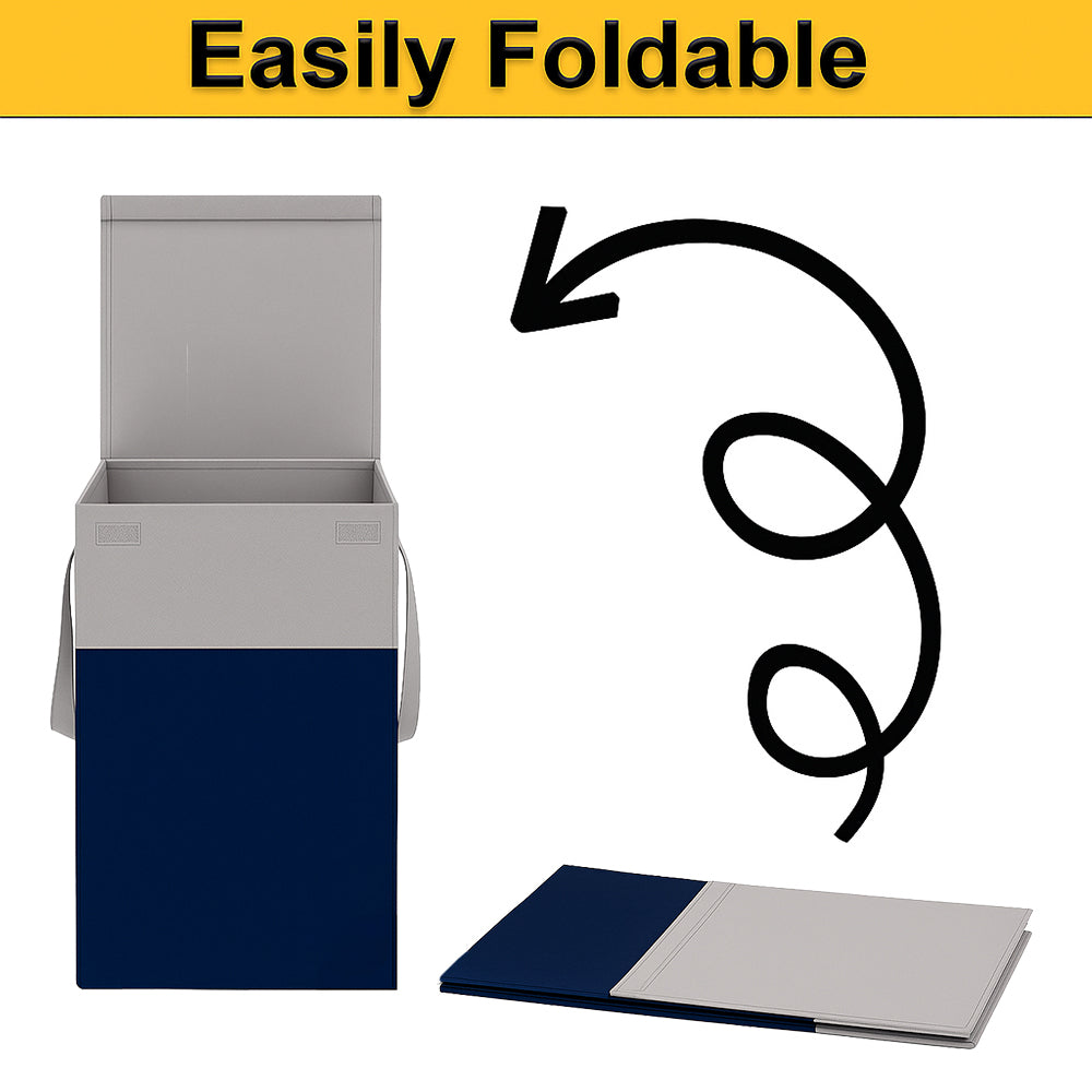 THAILIWALE Foldable Non-Woven Laundry Basket with Lid & Handles – Grey & Blue (75L Storage Basket)