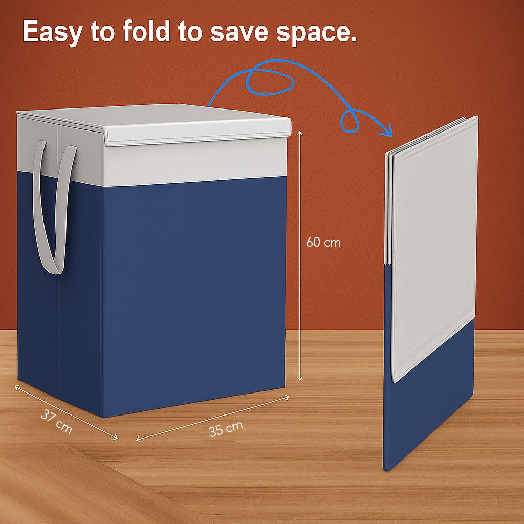 THAILIWALE Foldable Non-Woven Laundry Basket with Lid & Handles – Grey & Blue (75L Storage Basket)