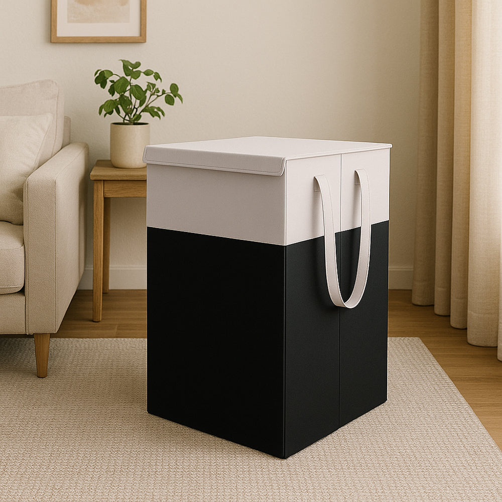 THAILIWALE Foldable Non-Woven Laundry Basket with Lid & Handles – Grey & Black (75L Storage Basket)