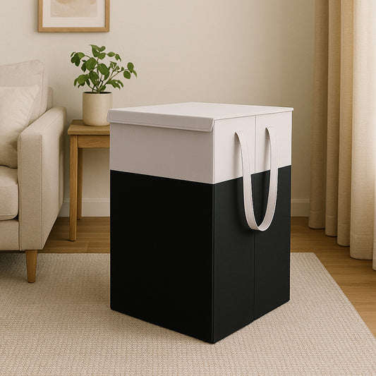 THAILIWALE Foldable Non-Woven Laundry Basket with Lid & Handles – Grey & Black (75L Storage Basket)