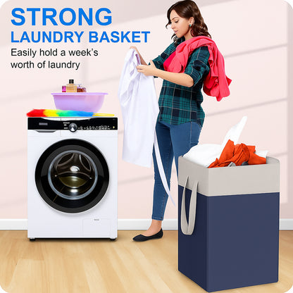 THAILIWALE Foldable Non-Woven Laundry Basket with Lid & Handles – Grey & Blue (75L Storage Basket)